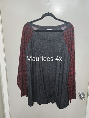 Maurices Gray Knit Top with Red Plaid Raglan Sleeves